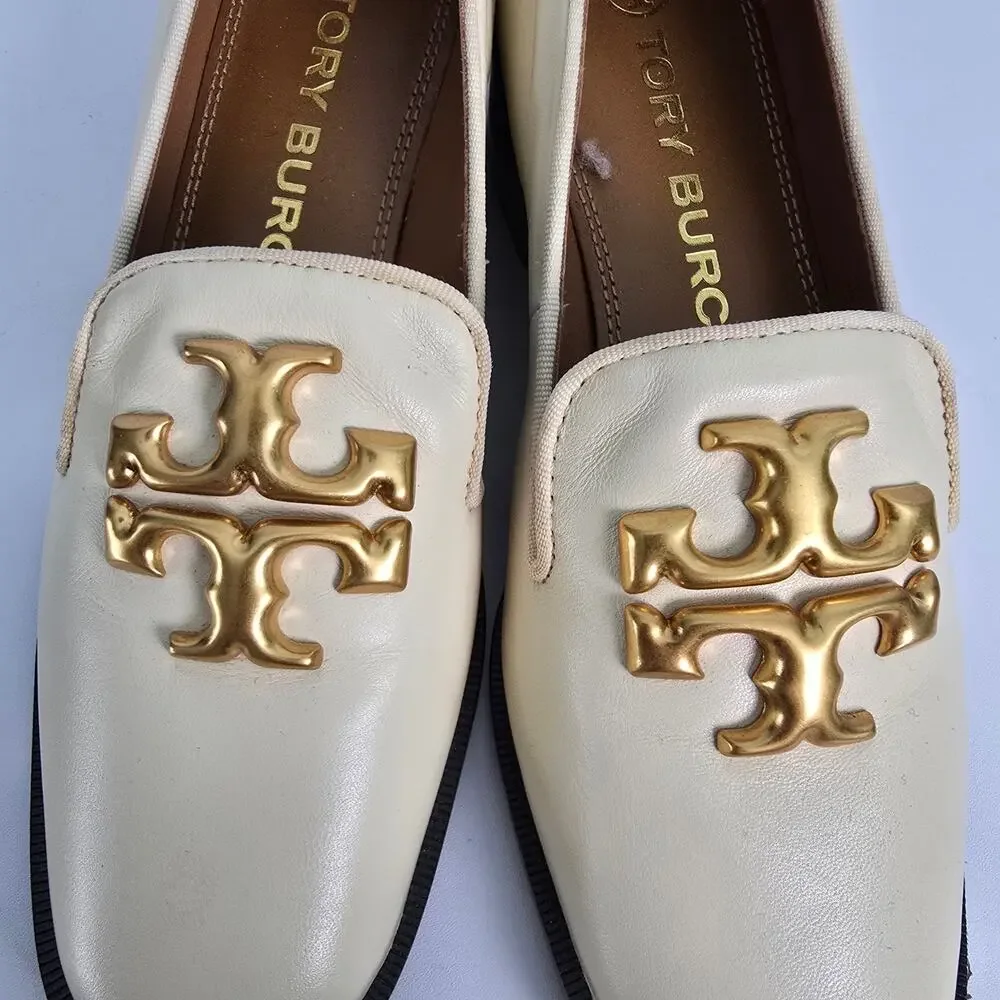 Tory Burch Eleanor Heeled Loafers Cream Leather Brass Logo Size 7M